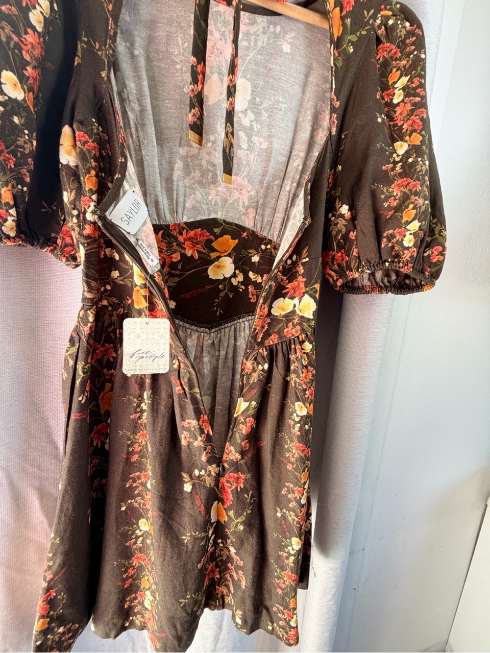 SAYLOR Free People Dark Olive Floral Puff-Sleeve Mini Dress - Picture 10 of 16